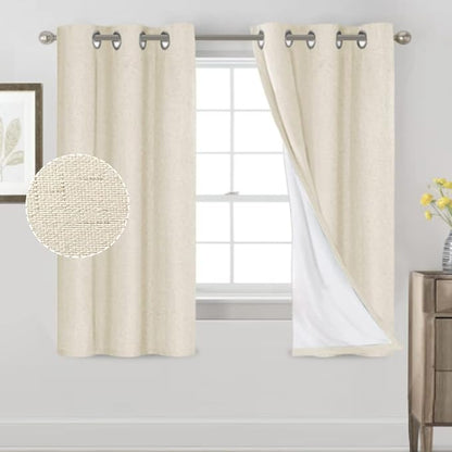 PrinceDeco Linen Texture Curtains 100% Blackout Curtains 64 inch Long 2 Panels Set Full Blackout Linen Curtains with Thermal Insulated Liner Noise Reducing, 42" Wide,64" Length,Bleached Sand