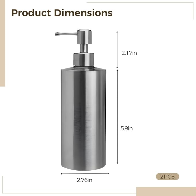 2 Pcs Large 304 Stainless Steel Soap Dispensers, 18.6 fl oz/550 ml Refillable - Image 4