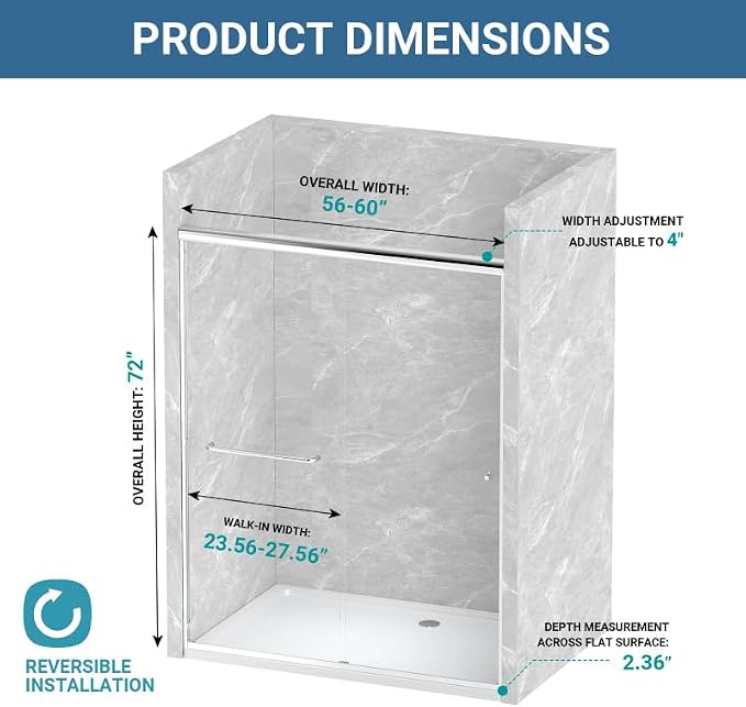Glass Sliding Shower Door 56-60" W x 72" H, Semi Frameless Double Sliding - Image 7