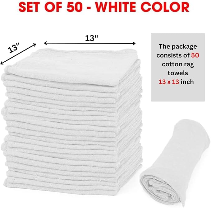 Shop Towels – Pack of 50 Reusable Cleaning Rags – Durable Quality Cotton – 13" - Image 2