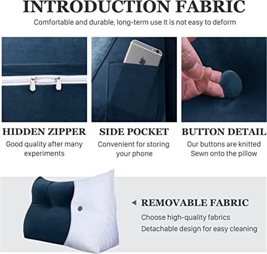 Wedge Headboard Pillow Dorm Room Reading Pillow Back Support for Sitting Up in Bed Bolster Lumbar Cushion Body Positioning Bedrest Velvet 76in Navy Blue King