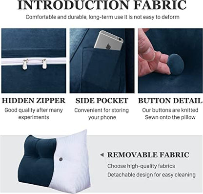 Wedge Headboard Pillow Dorm Room Reading Pillow Back Support for Sitting Up in Bed Bolster Lumbar Cushion Body Positioning Bedrest Velvet 76in Navy Blue King