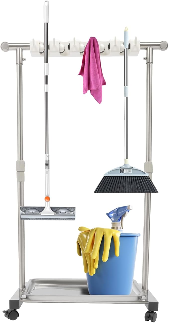 Broom Holder Organizer Movable Closet Storage Cabinet Mop Rack, Floor Standing - Image 7