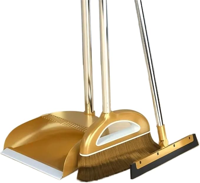 Gold Broom Dustpan Set Folding Dustpan Long Handle Rubber Wiper Space-Saving by Unknown