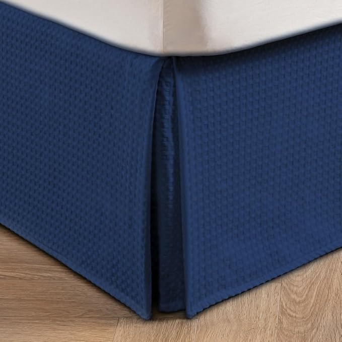 MIYE Pleated Waffle Weave Bed Skirt, Tailored Dust Ruffle 12 Inch Drop Easy Fit, Machine Washable (Navy Blue, Full - 12" Drop)