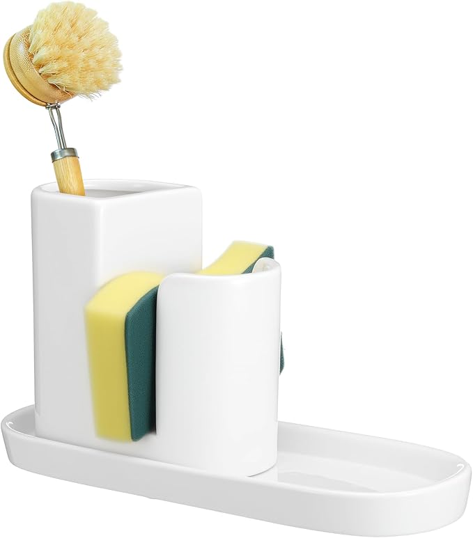 Geelin 3 in 1 Ceramic Kitchen Sink Caddy Dish Sponge Holder Scrub Brush Holder by Geelin