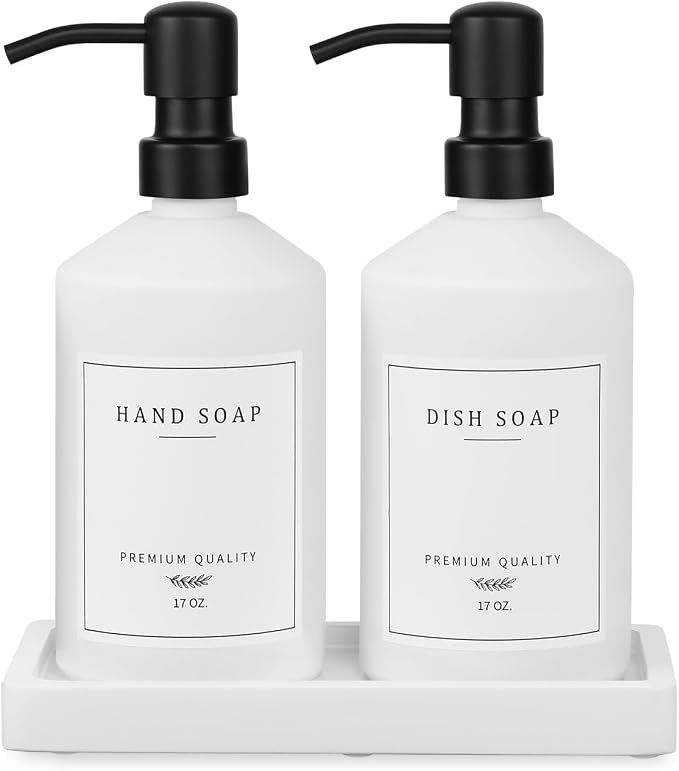 White Glass Kitchen Soap Dispenser Set, 17 OZ Hand and Dish Soap Dispenser Set by Eggs+sound