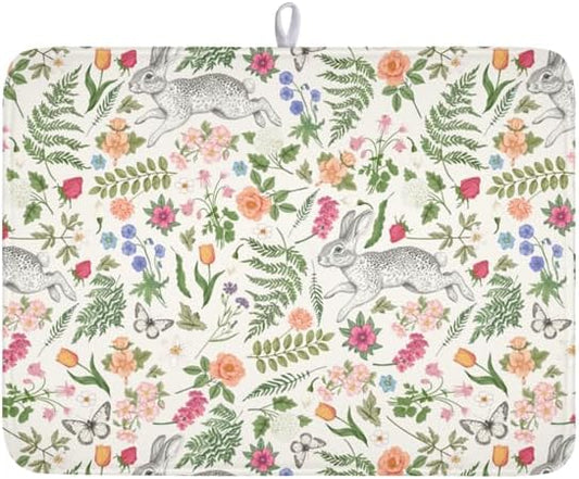 Easter Bunny Dish Drying Mat for Kitchen Counter, Colorful Flowers Sage Green by Anyako