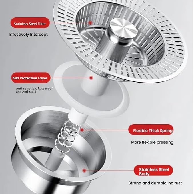 3 in 1 Kitchen Sink Drain Strainer, Universal Stainless Steel Kitchen Sink - Image 4