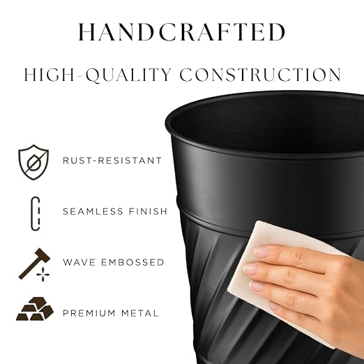 Monarch Abode Black Handcrafted Wave Embossed Metal Wastebasket - Image 3