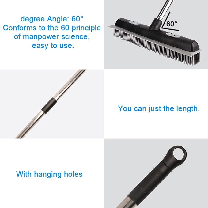 Pet Hair Rubber Broom with Carpet Rake and Squeegee, 2 in 1 Floor Brush - Image 8