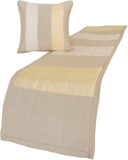 The HomeCentric King/Queen/Twin Beige Decorative CA King 86"x18" Bed Runner with 2 Pillow Cover, Color Block, Patchwork, Quilted, Silk, Linen & Striped Bed Scarf on Linen & Silk Fabric - Alikka