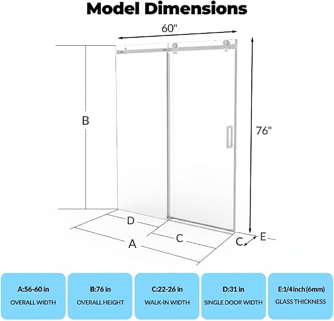 Frameless Shower Door, Adjustable 56"-60" Width x 76" Height, 6mm Clear - Image 2