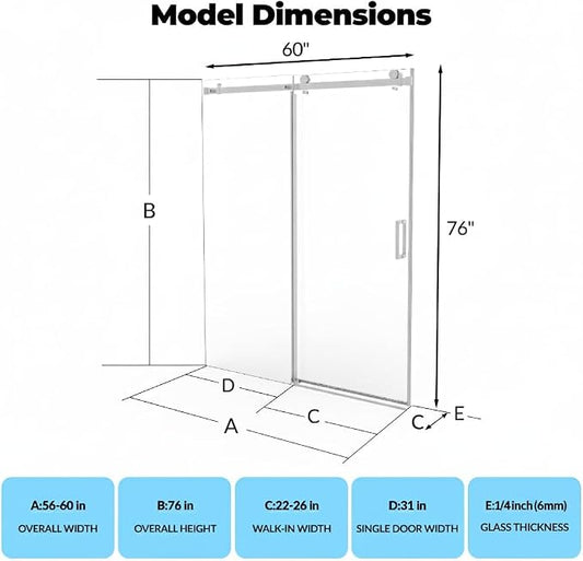 Frameless Shower Door, Adjustable 56"-60" Width x 76" Height, 6mm Clear - Image 2