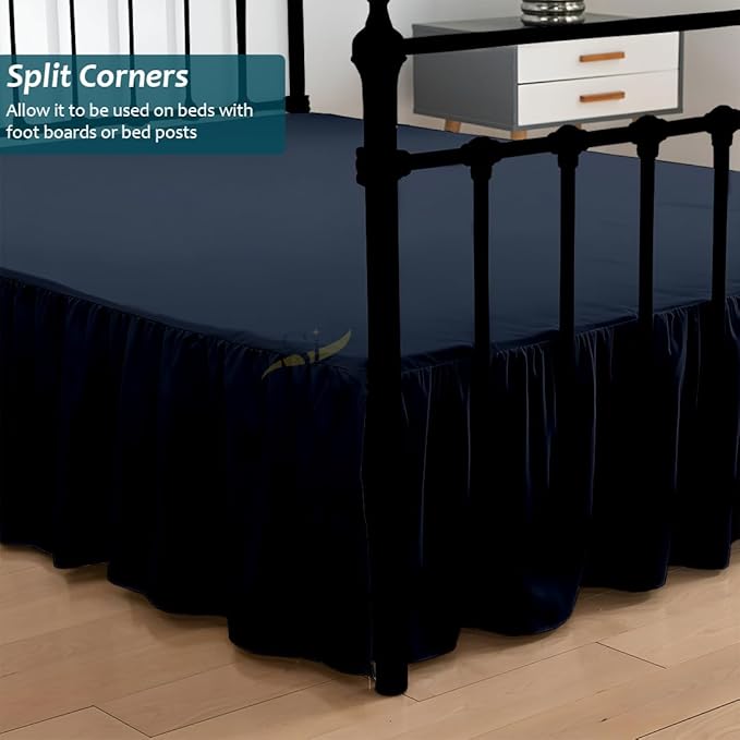 Shreem Linen Ruffled Bed Skirt with Split Corners, Gathered Style, 100% Microfiber, 10-Inch Drop, Dust Ruffle Bedskirt with Platform, Short Queen, Navy Blue