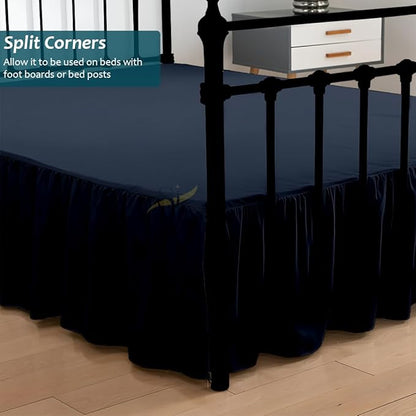 Shreem Linen Ruffled Bed Skirt with Split Corners, Gathered Style, 100% Microfiber, 10-Inch Drop, Dust Ruffle Bedskirt with Platform, Twin-XXL, Navy Blue