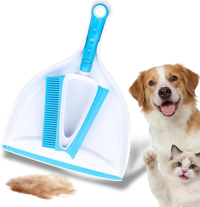 Pet Rubber Brush with Mini Dustpan, Dog Cat Hair Removal Brush with Squeegee by CHANHOO