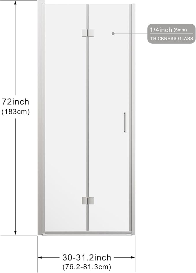 Frameless Bi-Fold Shower Door 30" W x 72" H, 1/4" Clear Tempered Glass - Image 8