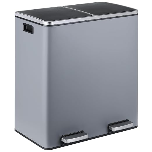 16 Gallon Rectangular Stainless Steel Trash Can, Dual Compartment Garbage Bin by ComfyCorner