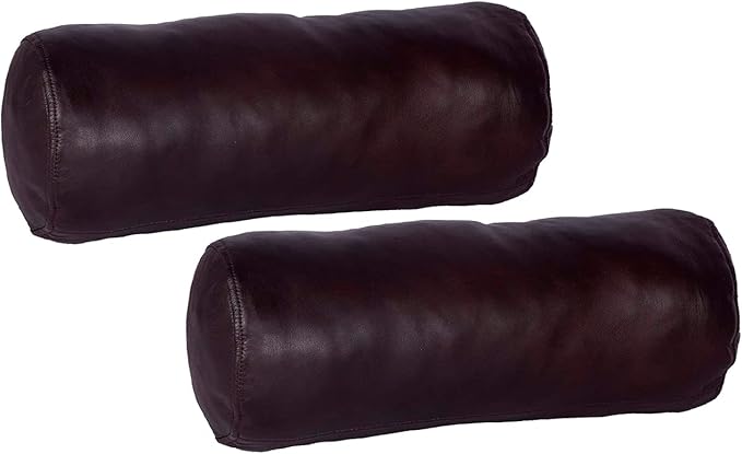 Neck Roll Pillow Cushion Cover, 22x5 Inch Full Moon Round Bolster Pillow Case, Cylinder Soft Lambskin Leather Pillowcase for Head, Spine & Neck Support During Sleep - Dark Brown Pack of 2