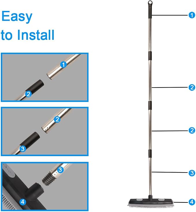 Pet Hair Rubber Broom with Carpet Rake and Squeegee, 2 in 1 Floor Brush - Image 5