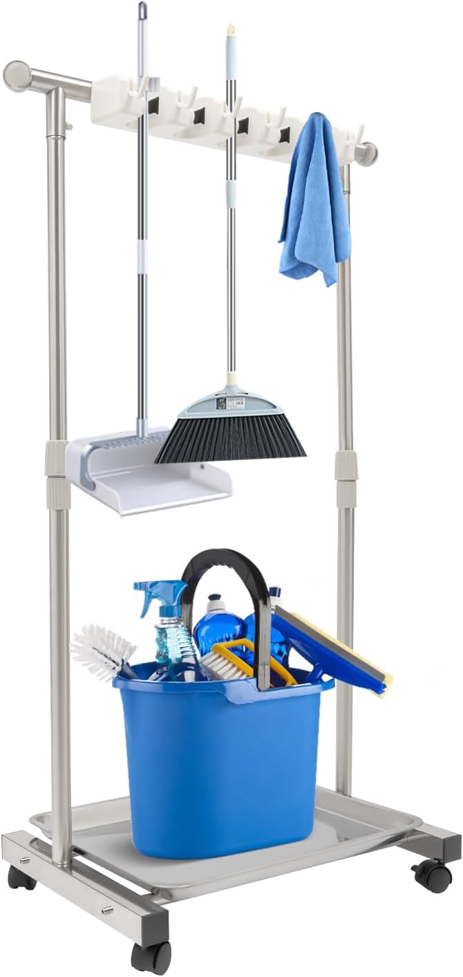Broom Mop Holder, Movable Put Wet Mops Broom Floor Standing Cleaning Tool Rack - Image 3