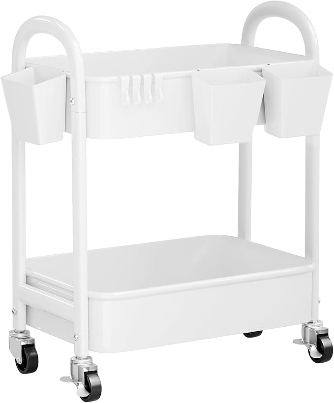 2 Tier Rolling Cart Metal with Wheels, Two Tiered Short Shelf Trolley, Small - Image 8