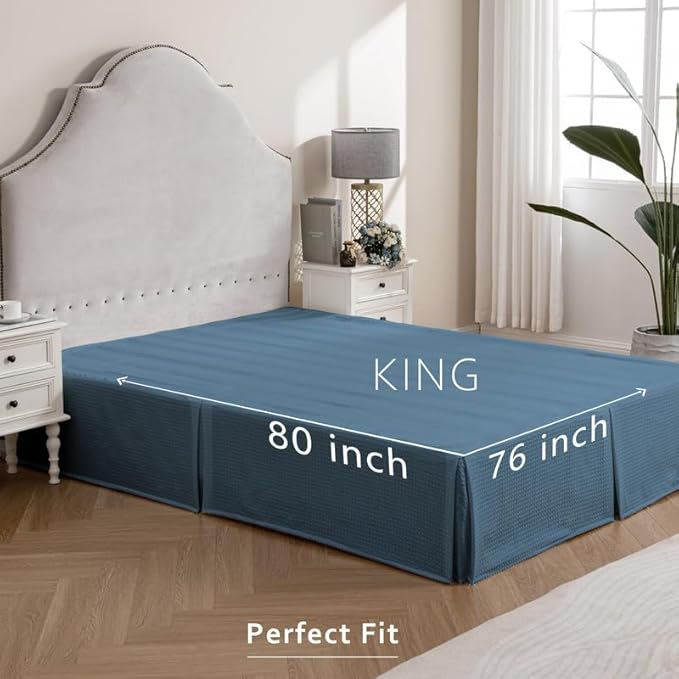 MIYE Pleated Waffle Weave Bed Skirt, Tailored Dust Ruffle 16 Inch Drop Easy Fit, Machine Washable (Blue, King - 16" Drop)