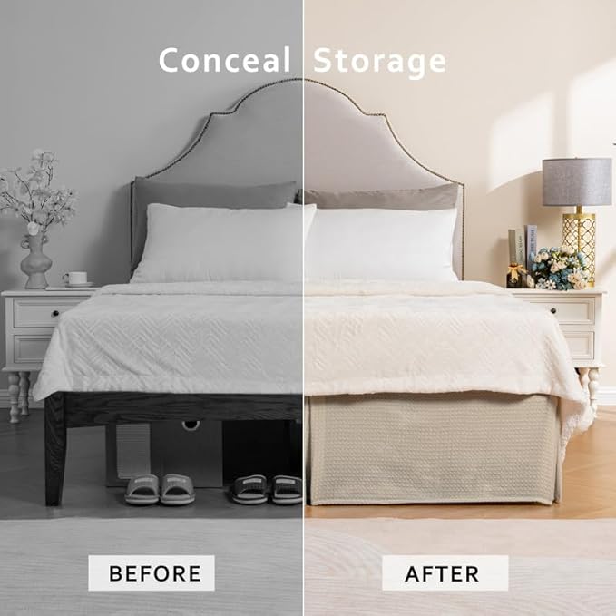 MIYE Pleated Waffle Weave Bed Skirt, Tailored Dust Ruffle 18 Inch Drop Easy Fit, Machine Washable,No Split Corners (Beige, Twin - 18" Drop)