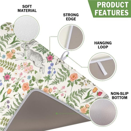 Easter Bunny Dish Drying Mat for Kitchen Counter, Colorful Flowers Sage Green - Image 2