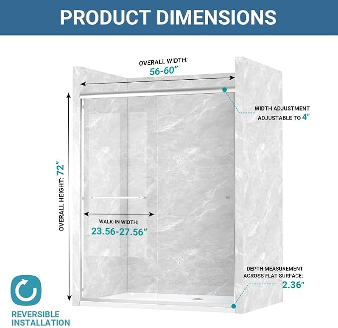 Glass Sliding Shower Door 56-60" W x 72" H, Semi Frameless Double Sliding - Image 7