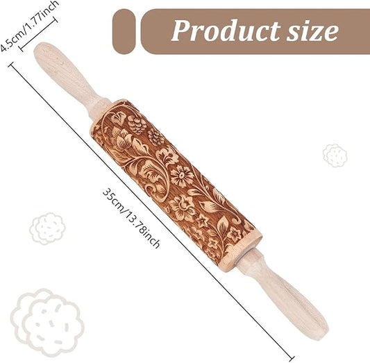 Embossed Wooden Rolling Pin Darker 3D Flower Rattan 35cm Rolling Pin - Image 2