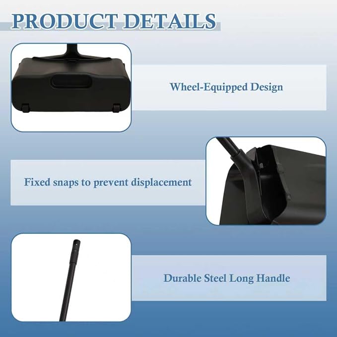 Broom and Dustpan Set with Long Handle and Wheels, Upright Standing Heavy Duty - Image 3