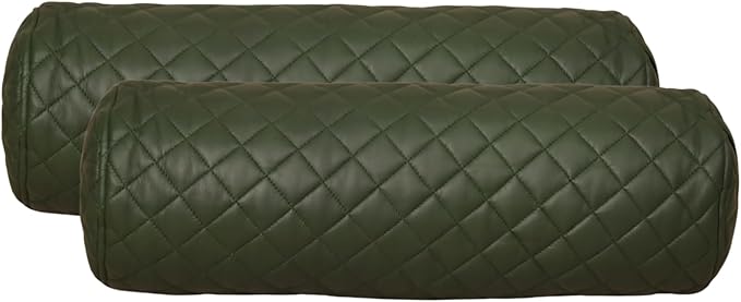 Neck Roll Pillow Cushion Cover, 18x7 Inch Full Moon Round Bolster Pillow Case, Cylinder Soft Lambskin Leather Pillowcase for Head, Spine & Neck Support During Sleep - Quilted Dark Green Pack of 2