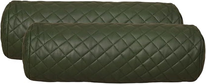 Neck Roll Pillow Cushion Cover, 18x7 Inch Full Moon Round Bolster Pillow Case, Cylinder Soft Lambskin Leather Pillowcase for Head, Spine & Neck Support During Sleep - Quilted Dark Green Pack of 2