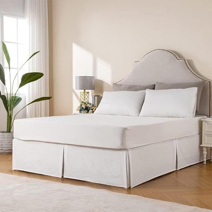 MIYE Pleated Waffle Weave Bed Skirt, Tailored Dust Ruffle 18 Inch Drop Easy Fit, Machine Washable (White, Twin - 18" Drop)