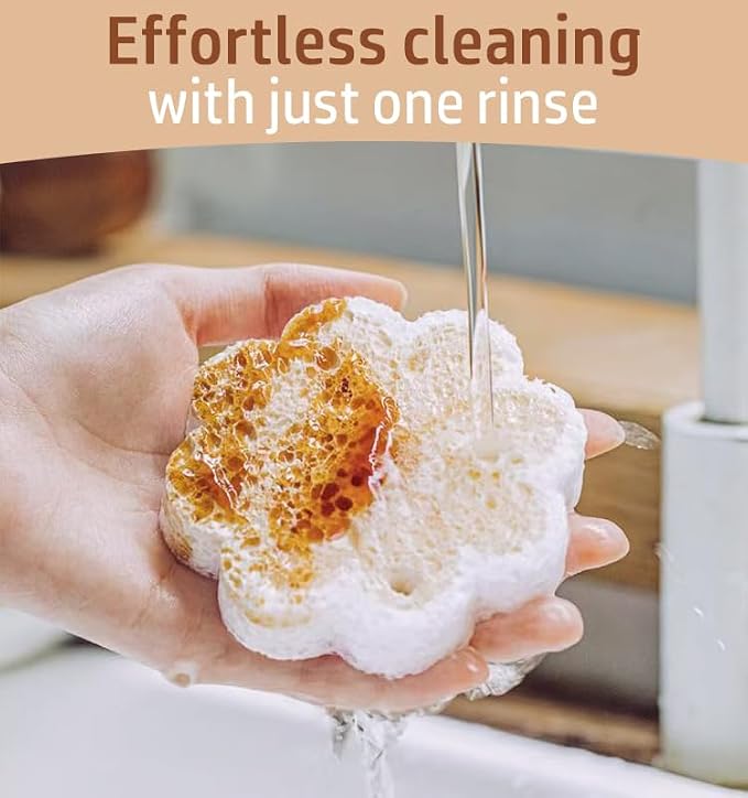 Flower-Shaped Wood Pulp Sponge Scrubber, sponges Kitchen– Dual-Sided Natural - Image 5