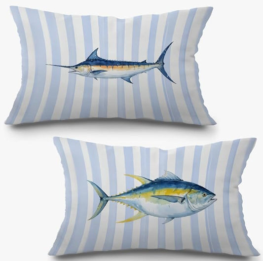 Coastal Beach Fish Pillow Covers 12x20 Set of 2, Ocean Marlin Tuna Fish Blue White Striped Lumbar Throw Pillow Covers for Boys Bedroom Beach House Home