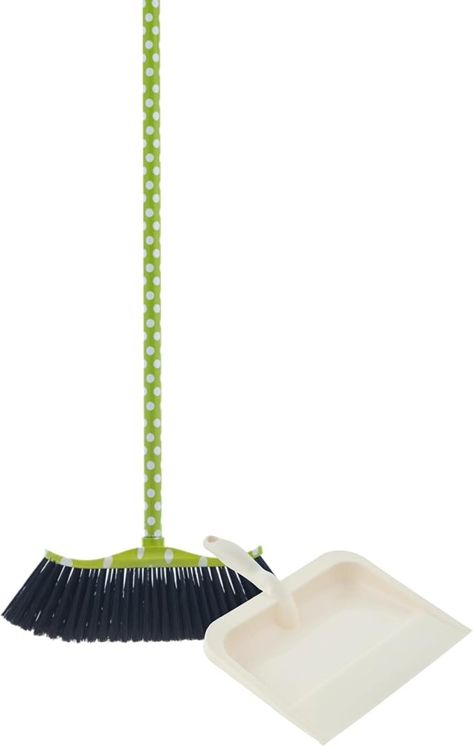Polka Dot Design Broom with White Plastic Dustpan, Sweep Set Indoor and Outdoor by Superio
