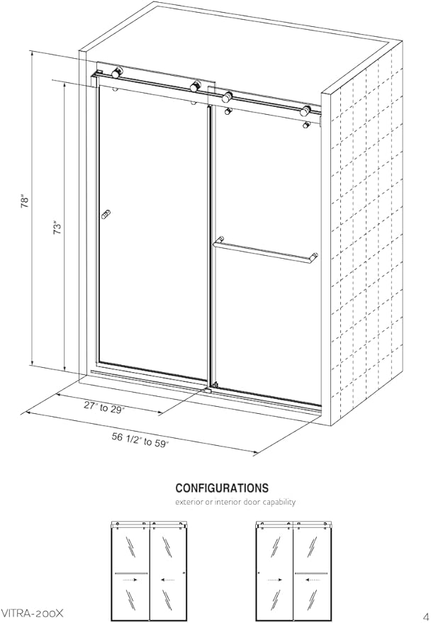 VITRA-200 56.5-59" W x 78" H Twinglide Frameless Shower Door w/ 3/8" Clear - Image 7