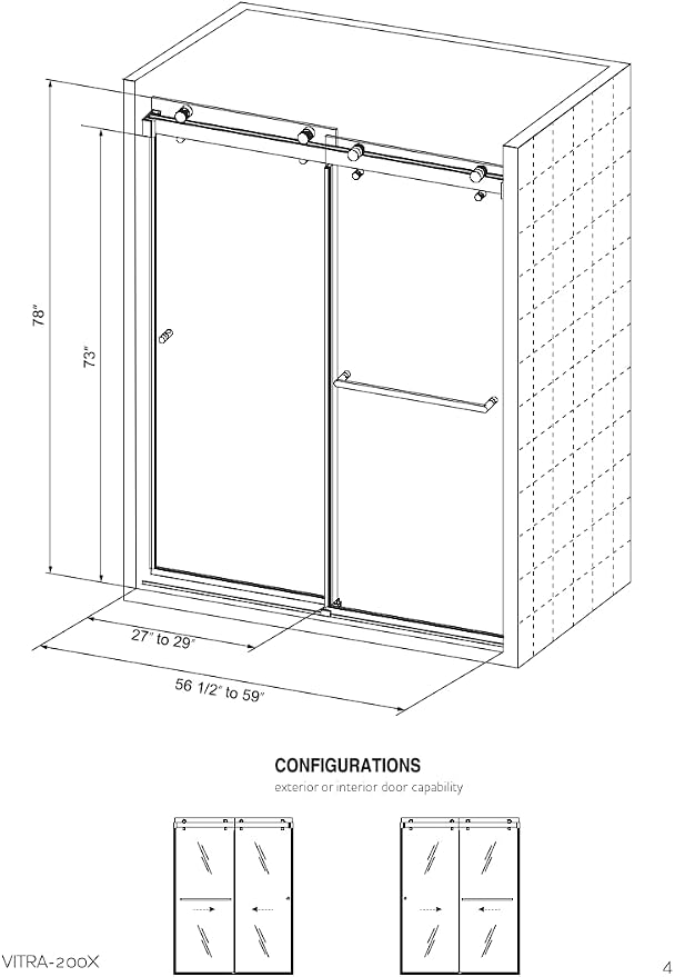 Twinglide VITRA-200 Frameless Shower Door 56.5-59" Width x 78" Height - Image 8