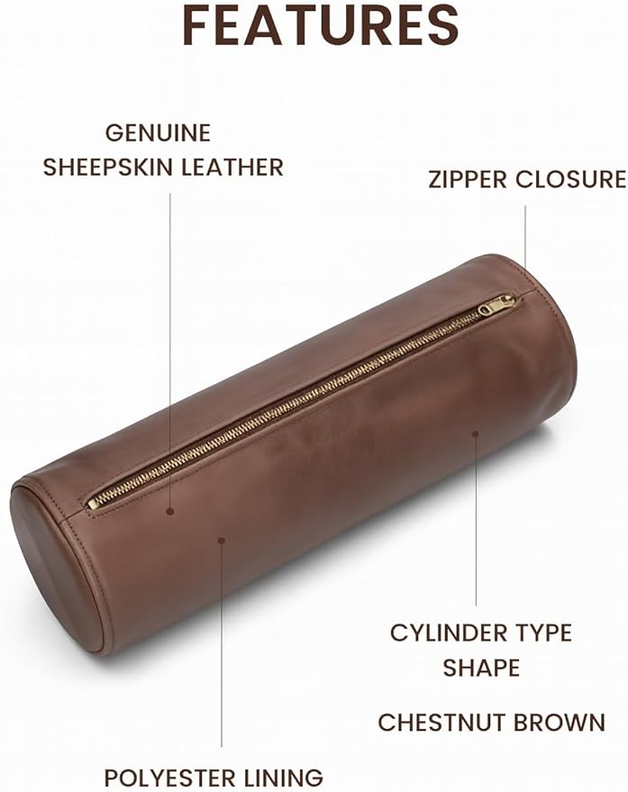 Leather Cylindrical Cushion Cover – 100% Lambskin Round Bolster Pillow Cover | Handmade Ergonomic Roll for Head, Neck & Back | Decorative Home & Sofa Accessory (20" x 5")