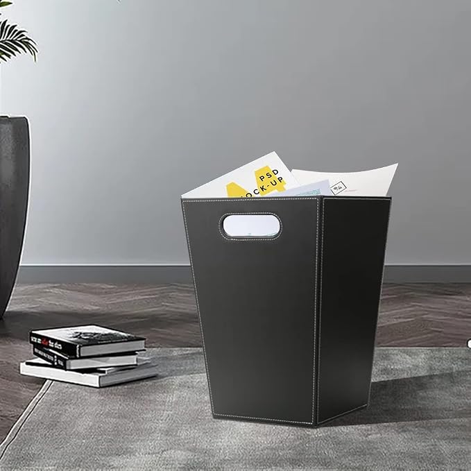 KINGFOM Classic Pu Leather Trash Can Wastebasket, Garbage Container Bin - Image 3