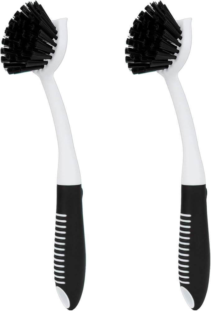 Dish Brush with Handle, 2 Pack Scrub Brushes with Built-in Scraper by HileSwan