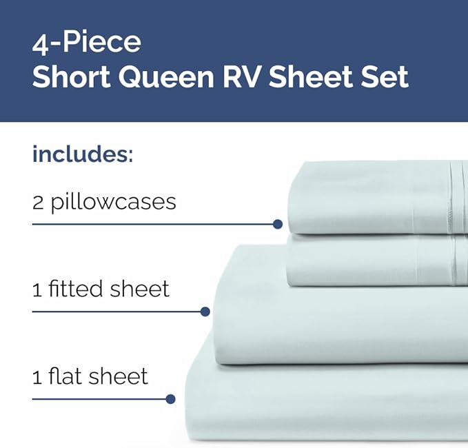 RV Short Queen Sheet Set 60 X 75 - 4 Piece RV Short Queen Bed Sheets - Soft, Breathable and Cooling - Designed for Bunks, Trailers & Campers - Fits 8” to 12" Mattress - Hotel Luxury Bedding - Ice Blue
