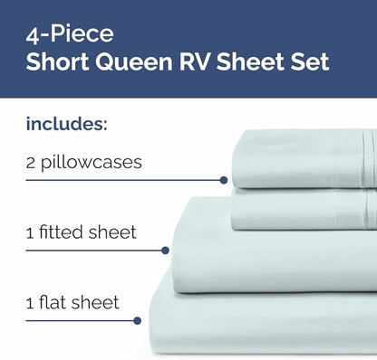 RV Short Queen Sheet Set 60 X 75 - 4 Piece RV Short Queen Bed Sheets - Soft, Breathable and Cooling - Designed for Bunks, Trailers & Campers - Fits 8” to 12" Mattress - Hotel Luxury Bedding - Ice Blue