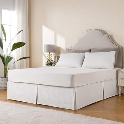MIYE Pleated Waffle Weave Bed Skirt, Tailored Dust Ruffle 18 Inch Drop Easy Fit, Machine Washable (White, Twin - 18" Drop)