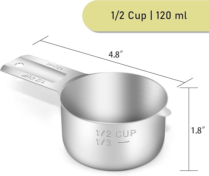 2PCS 1/2Cup Single Measuring Cup, Stainless Steel Measure Scoop, Metric and US - Image 2