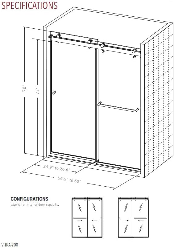 VITRA-200X 56.5-59" W x 78" High 3/8" Twinglide Frameless Shower Door - Image 7