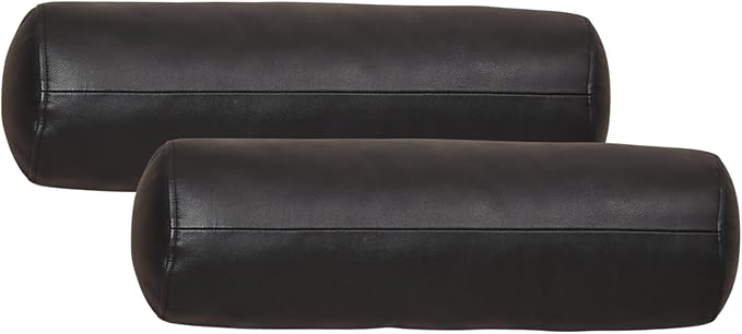 Neck Roll Pillow Cushion Cover, 16x6 Inch Full Moon Round Bolster Pillow Case, Cylinder Soft Lambskin Leather Pillowcase for Head, Spine & Neck Support During Sleep - Black Pack of 2